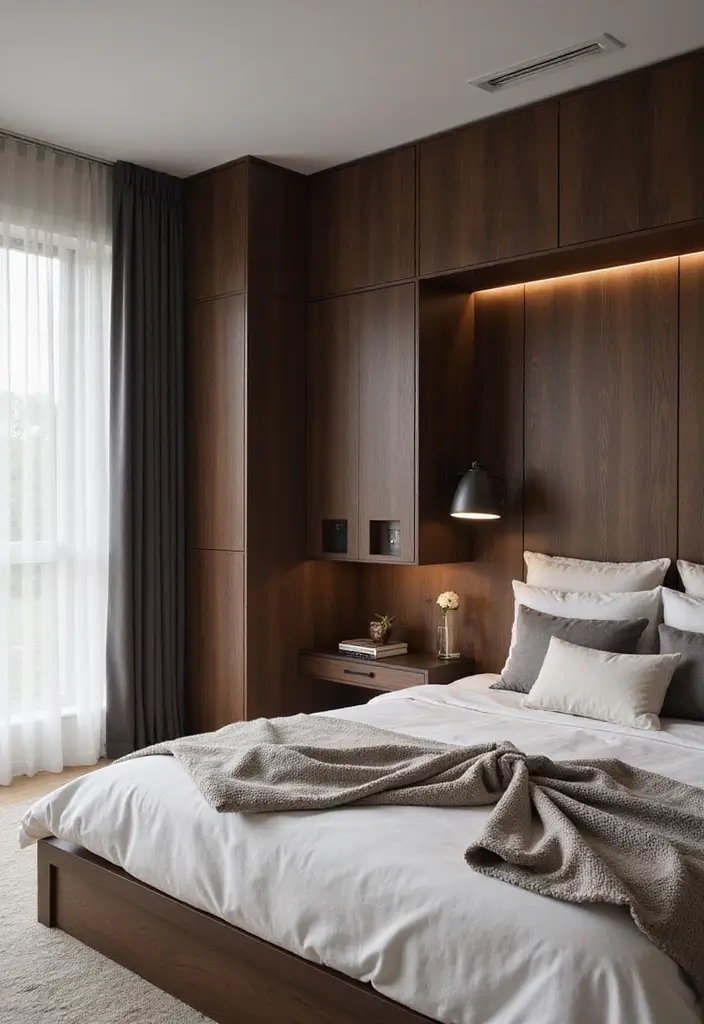 25 Dark Furniture Bedroom Ideas That Feel Rich and Dramatic - 9. Built-in Dark Wood Storage