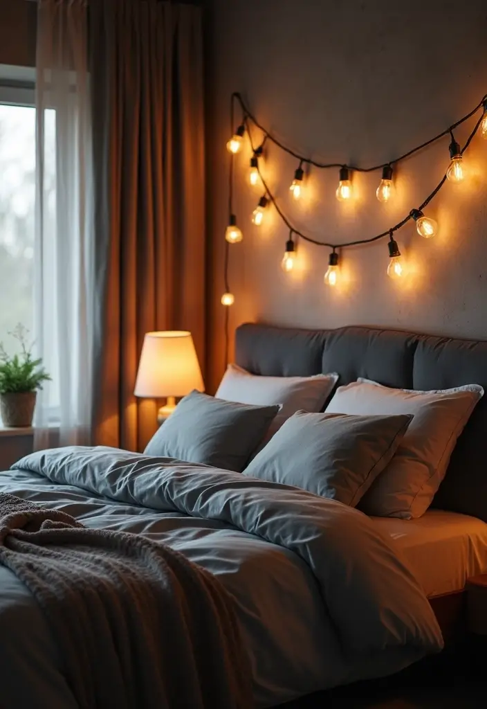 25 Gray Comforter Bedroom Ideas That Feel Calm & Neutral - 14. Gray Comforter with Layered Lighting