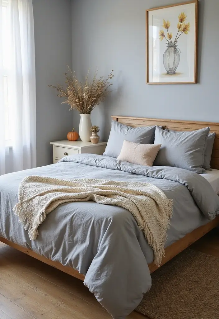 25 Gray Comforter Bedroom Ideas That Feel Calm & Neutral - 24. Gray Comforter with Seasonal Decor
