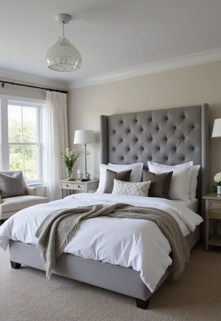 25 Grey Headboard Bedroom Ideas That Feel Classy and Versatile - 1. Upholstered Elegance