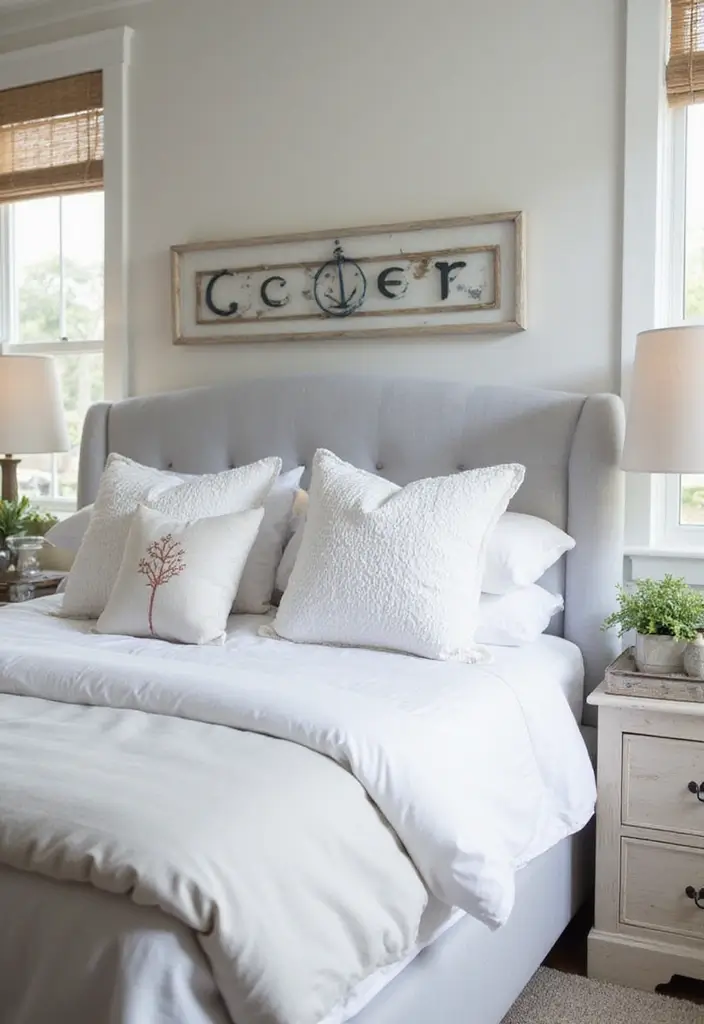 25 Grey Headboard Bedroom Ideas That Feel Classy and Versatile - 22. Fresh Coastal Vibes