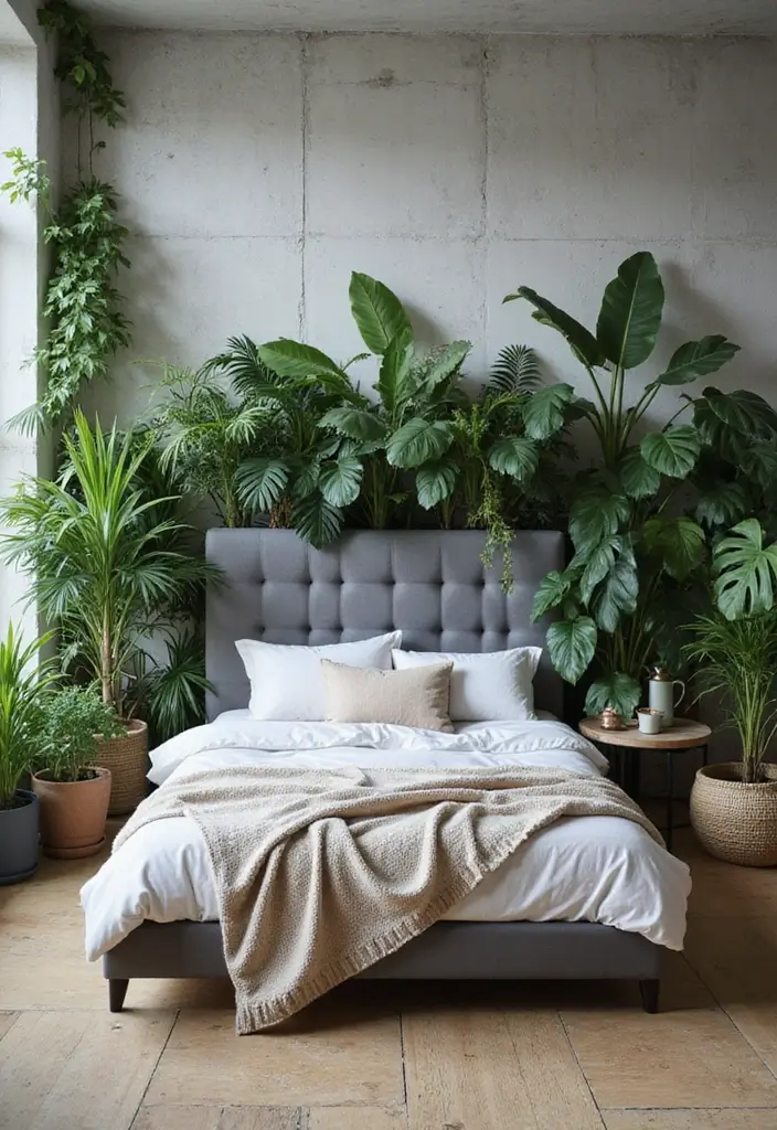 25 Grey Headboard Bedroom Ideas That Feel Classy and Versatile - 23. Urban Jungle