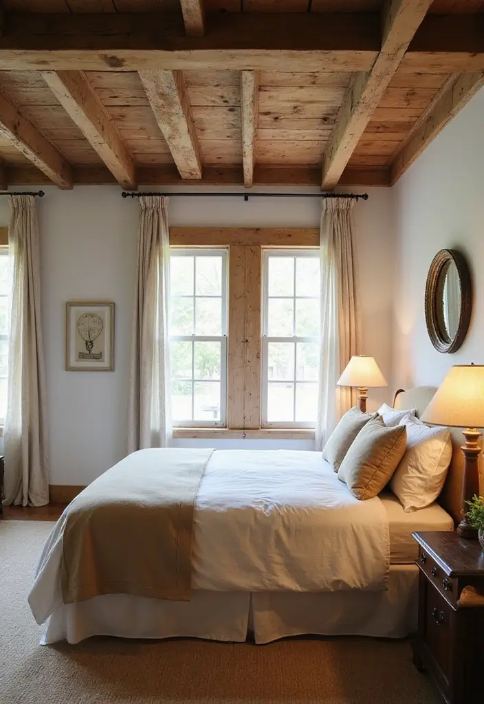 25 Joanna Gaines Bedroom Ideas That Feel Farmhouse & Cozy - 19. Rustic Ceiling Beams