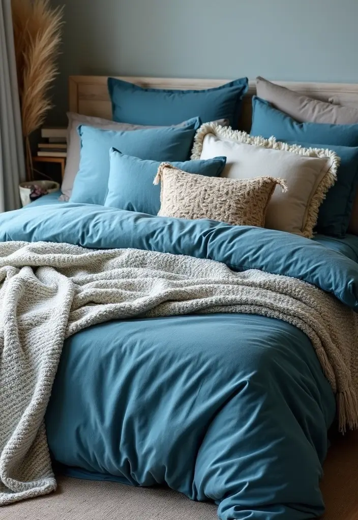 25 Light Blue Aesthetic Bedroom Ideas That Feel Fresh and Clean - 14. Layered Bedding