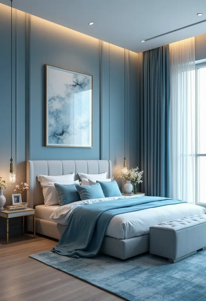 25 Light Blue Aesthetic Bedroom Ideas That Feel Fresh and Clean - 18. Modern Elegance