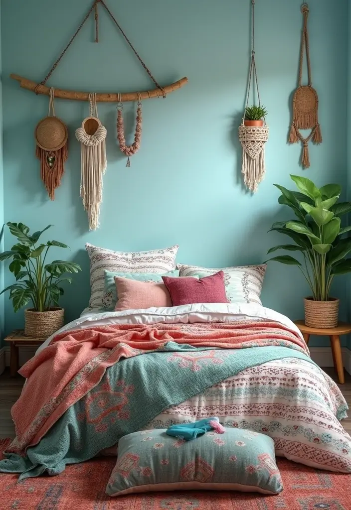 25 Light Blue Aesthetic Bedroom Ideas That Feel Fresh and Clean - 19. Bohemian Inspirations