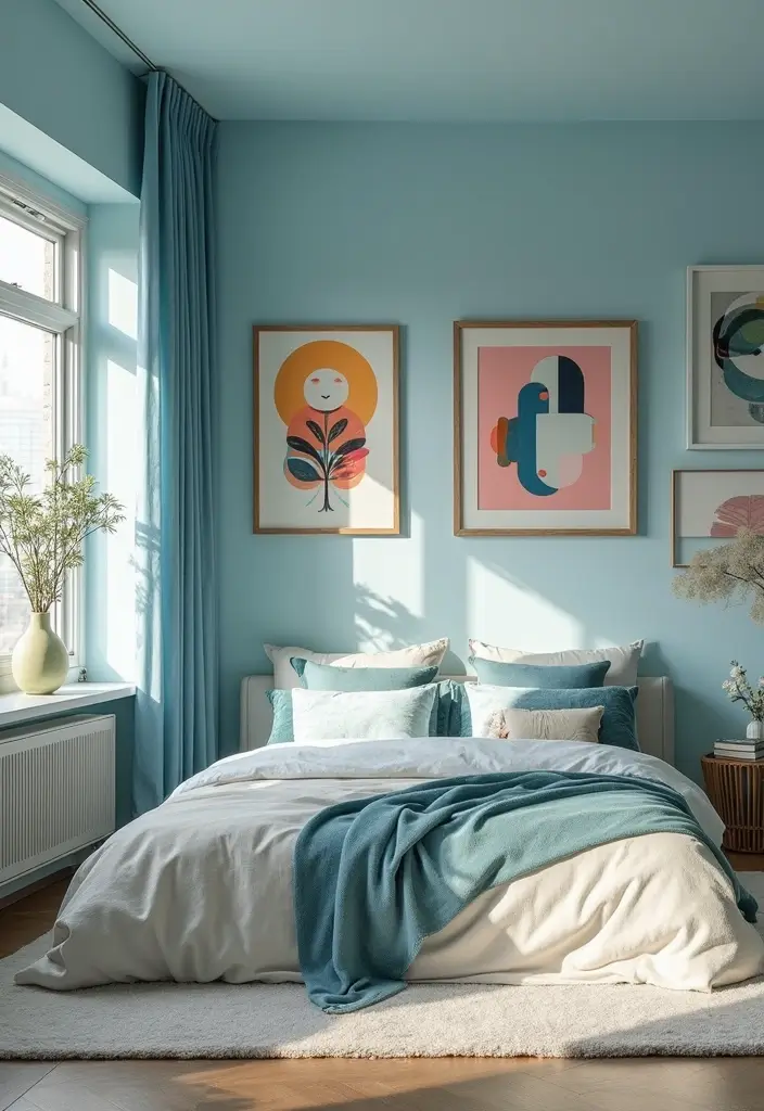 25 Light Blue Wall Bedroom Ideas That Make Spaces Feel Open - 10. Artistic Flair