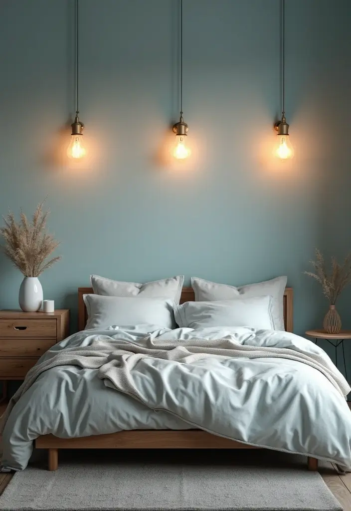 25 Light Blue Wall Bedroom Ideas That Make Spaces Feel Open - 12. Soft Lighting Solutions