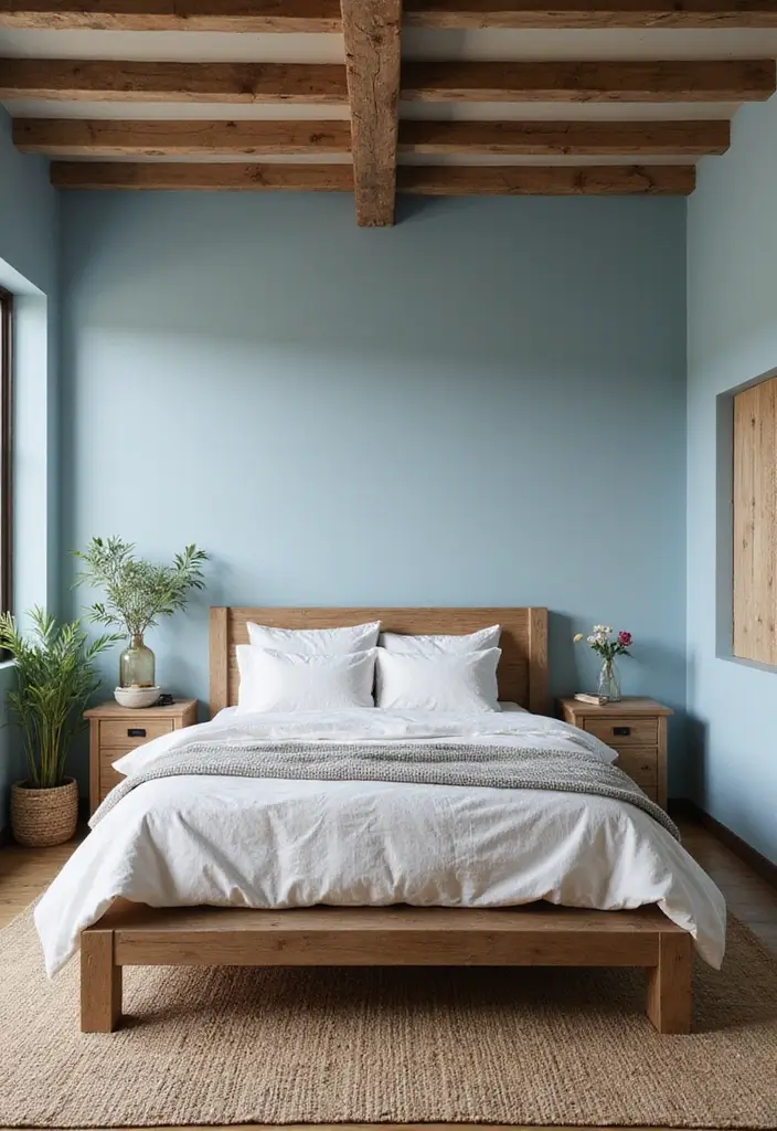 25 Light Blue Wall Bedroom Ideas That Make Spaces Feel Open - 13. Rustic Charm
