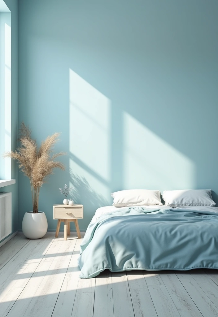 25 Light Blue Wall Bedroom Ideas That Make Spaces Feel Open - 5. Minimalist Magic