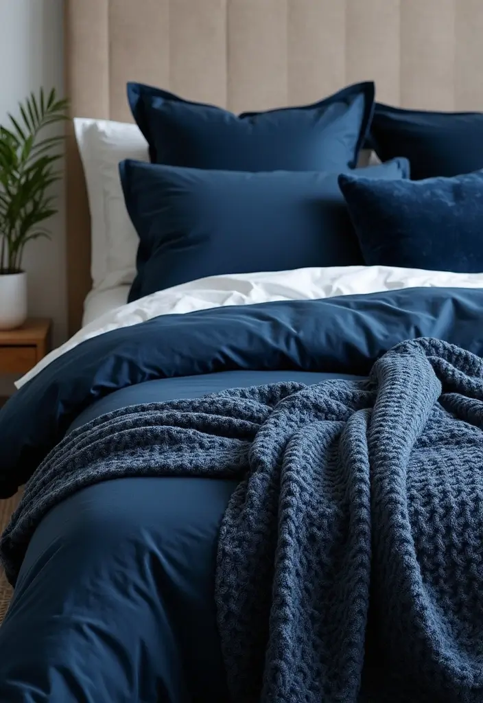 25 Navy Blue Bedroom Ideas That Are Classic and Relaxing - 11. Layered Textures