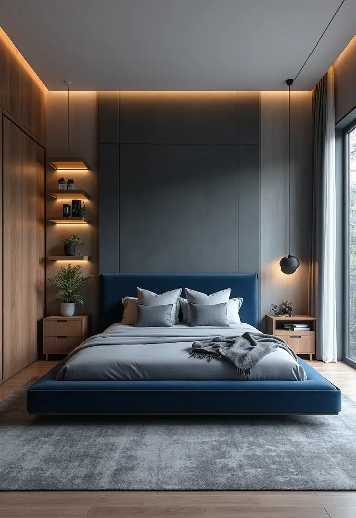 25 Navy Blue Bedroom Ideas That Are Classic and Relaxing - 12. Contemporary Fusion