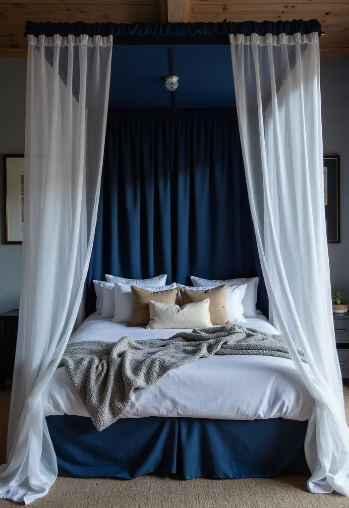 25 Navy Blue Bedroom Ideas That Are Classic and Relaxing - 13. Cozy Canopy