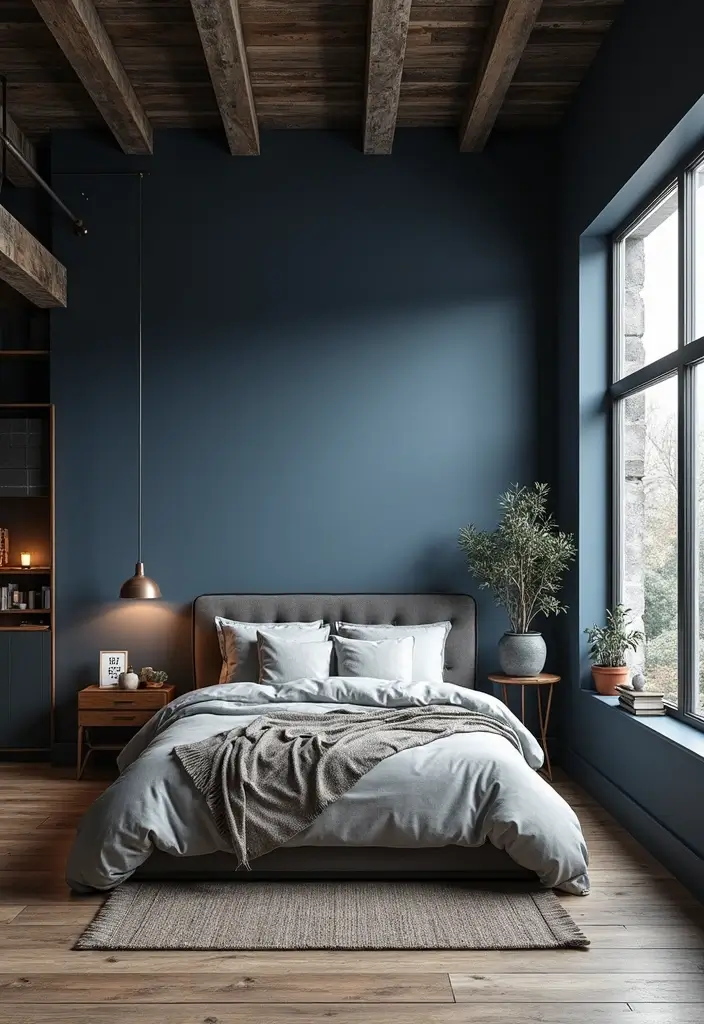 25 Navy Blue Bedroom Ideas That Are Classic and Relaxing - 14. Industrial Edge