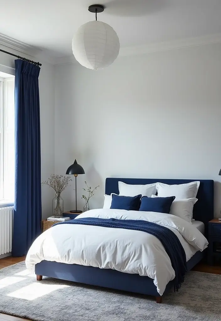 25 Navy Blue Bedroom Ideas That Are Classic and Relaxing - 16. Bright White Contrast