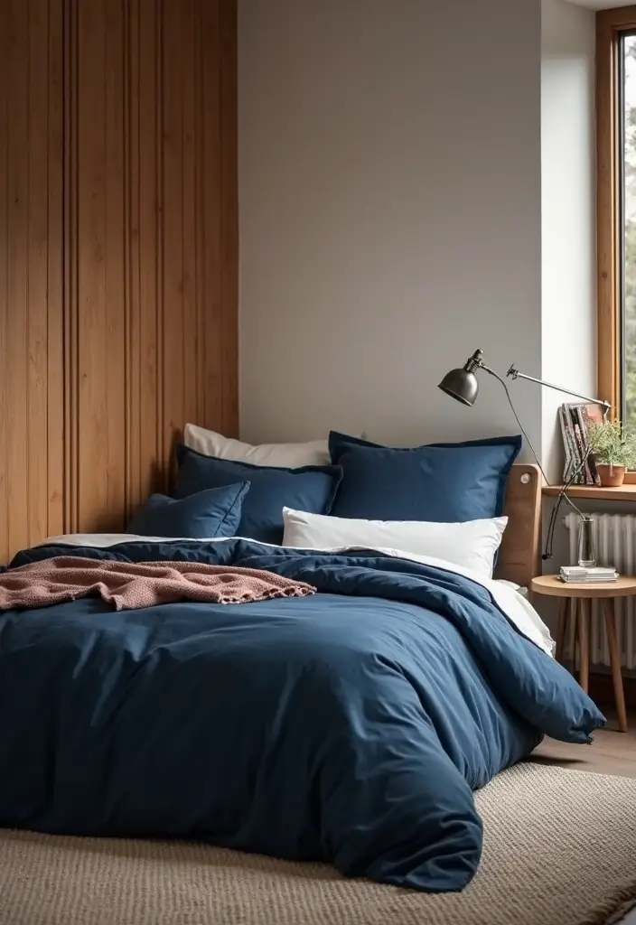 25 Navy Blue Bedroom Ideas That Are Classic and Relaxing - 18. Warm Neutrals