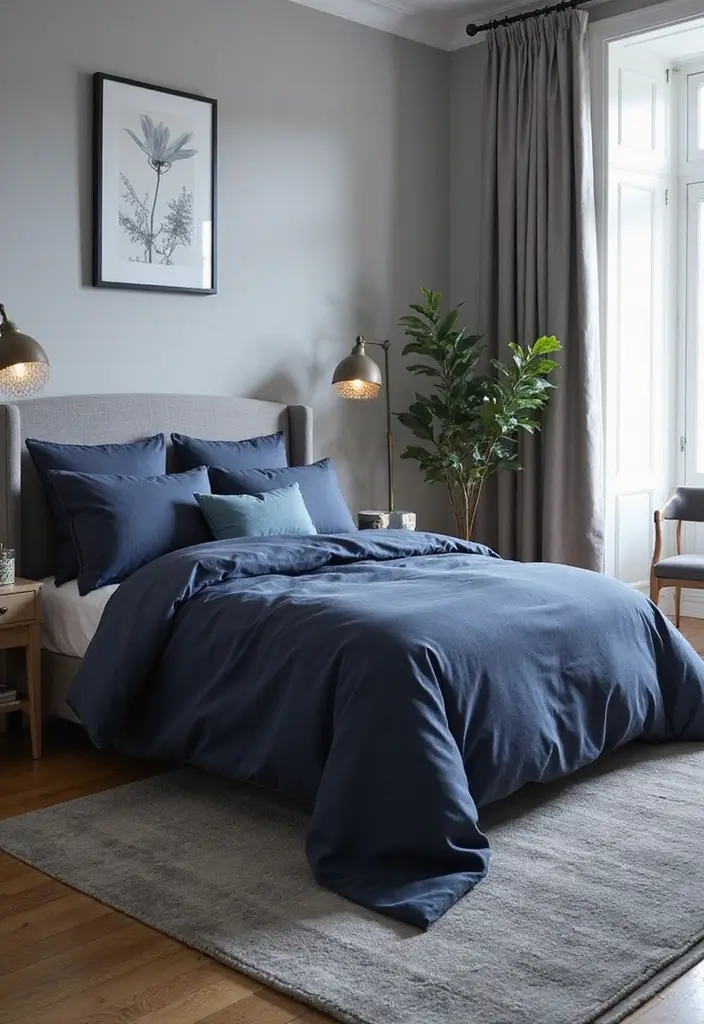 25 Navy Blue Bedroom Ideas That Are Classic and Relaxing - 19. Soft Gray Accents