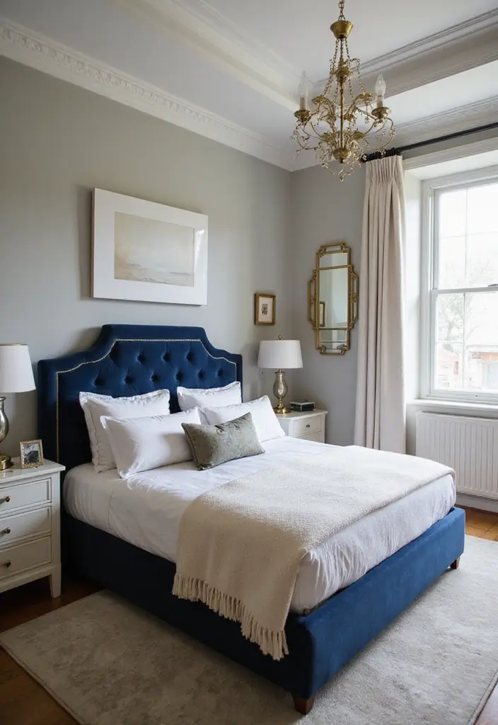 25 Navy Blue Bedroom Ideas That Are Classic and Relaxing - 2. Classic Navy and Gold