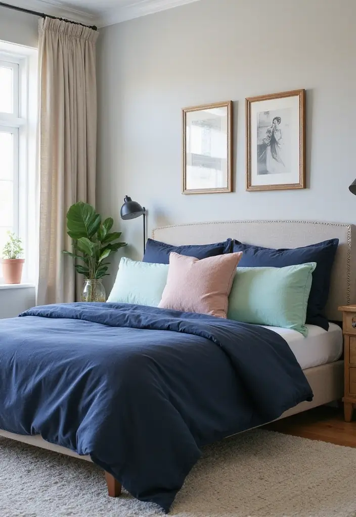 25 Navy Blue Bedroom Ideas That Are Classic and Relaxing - 20. Mellow Pastels