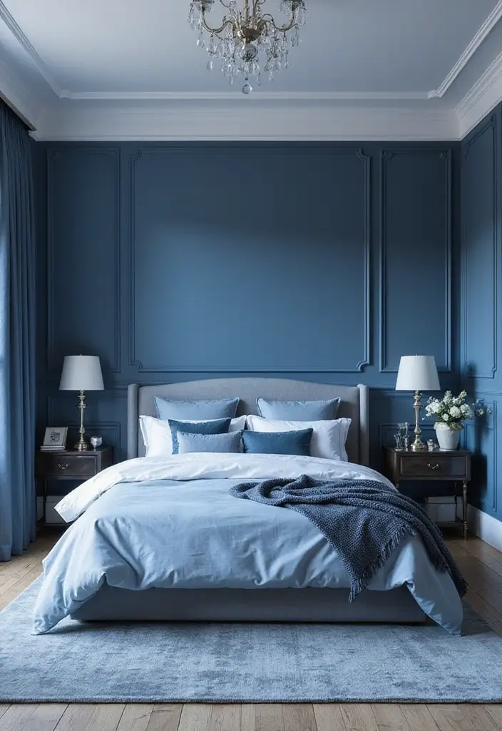 25 Navy Blue Bedroom Ideas That Are Classic and Relaxing - 23. Elegant Monochrome