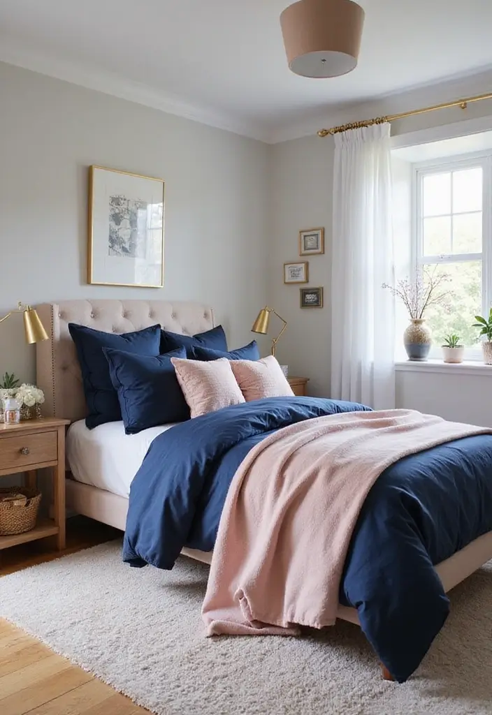 25 Navy Blue Bedroom Ideas That Are Classic and Relaxing - 24. Soft Glam