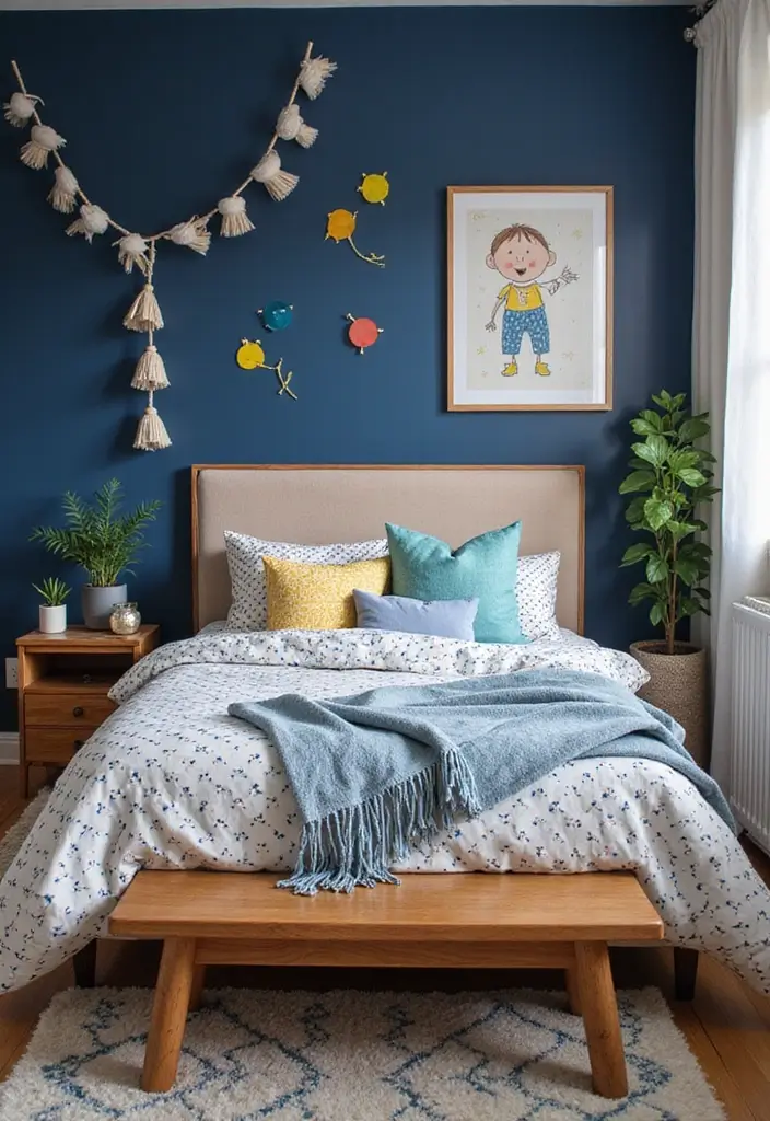25 Navy Blue Bedroom Ideas That Are Classic and Relaxing - 6. Playful Patterns