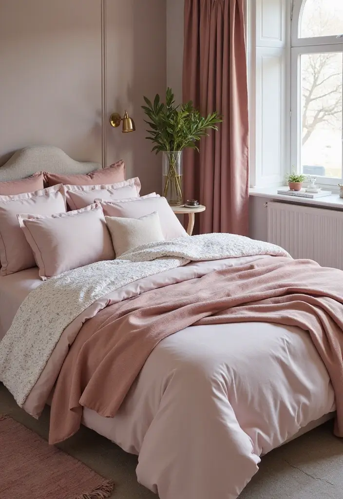 25 Pink Bedroom Ideas for Adults That Feel Romantic and Refined - 19. Elegant Bedding Layers