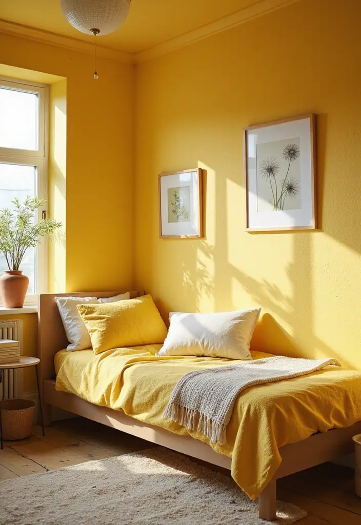 25 Room Painting Ideas Bedroom Aesthetic That Feel Calm & Trendy - 21. Charming Dandelion Yellow