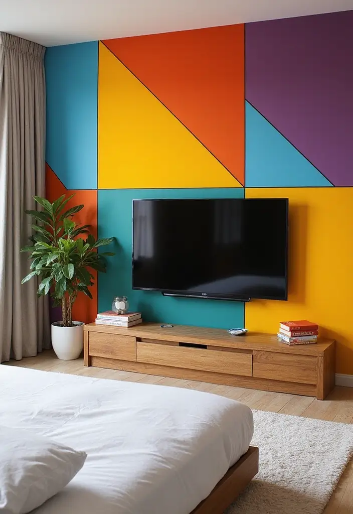 30 Bedroom Ideas with TV That Balance Relaxation & Design - 12. Colorful Accent Wall