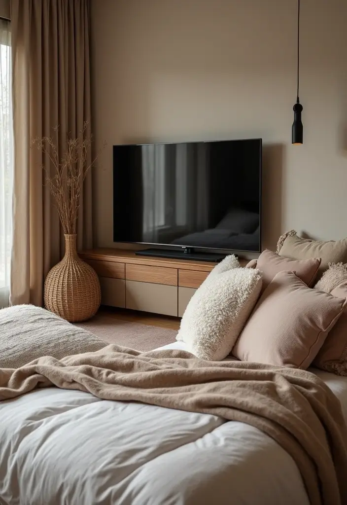 30 Bedroom Ideas with TV That Balance Relaxation & Design - 16. Layered Textures