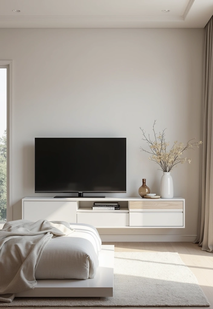 30 Bedroom Ideas with TV That Balance Relaxation & Design - 19. Stylish Minimalist Furniture