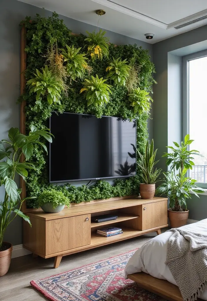 30 Bedroom Ideas with TV That Balance Relaxation & Design - 21. Vertical Garden by the TV