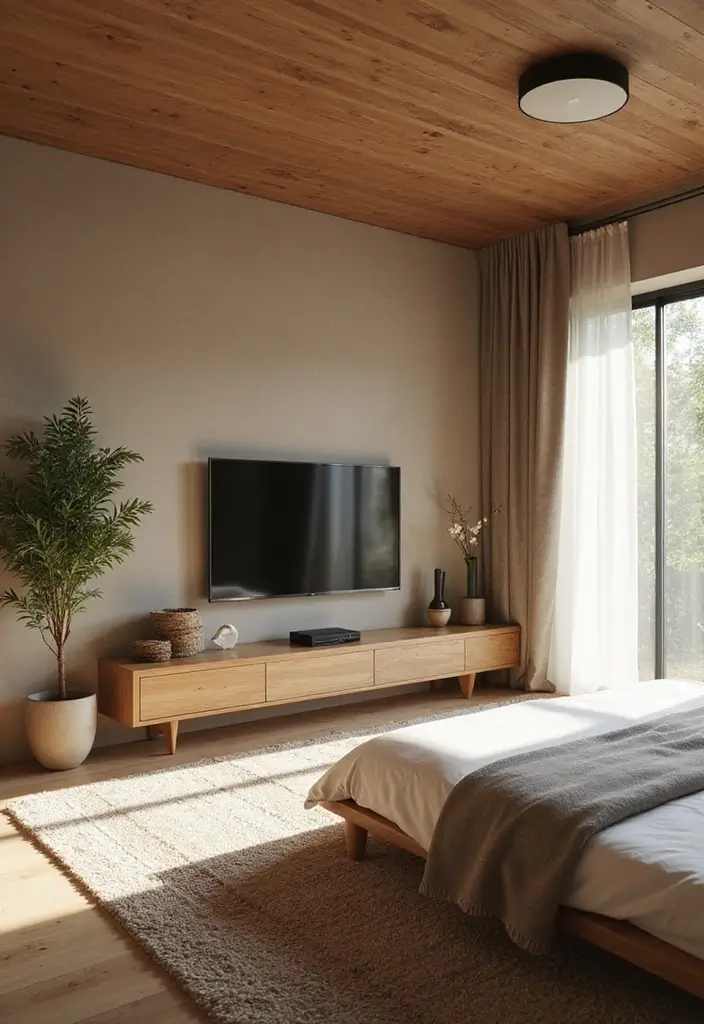 30 Bedroom Ideas with TV That Balance Relaxation & Design - 23. Zen-inspired Design