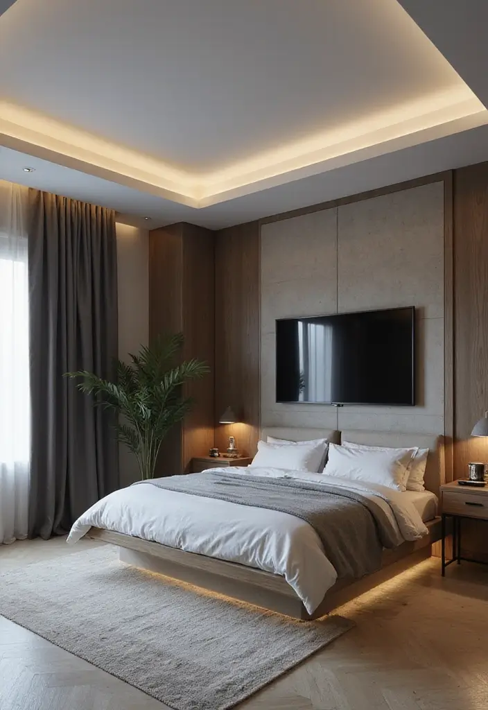 30 Bedroom Ideas with TV That Balance Relaxation & Design - 24. Chic Bed Frame with TV Integration