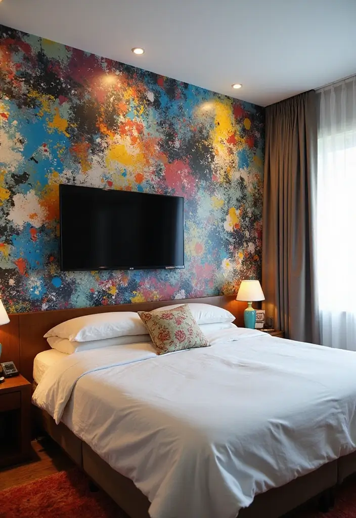 30 Bedroom Ideas with TV That Balance Relaxation & Design - 25. Artistic Wall Mural