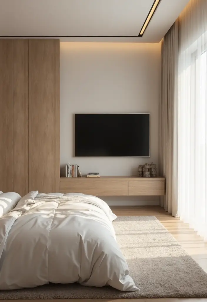 30 Bedroom Ideas with TV That Balance Relaxation & Design - 27. Neutral Color Palette