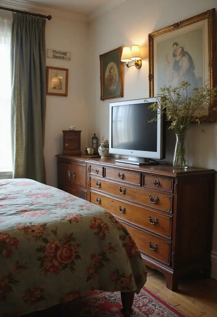 30 Bedroom Ideas with TV That Balance Relaxation & Design - 28. Vintage Decor with TV