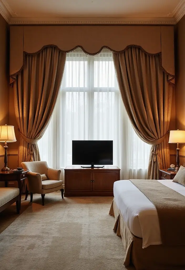 30 Bedroom Ideas with TV That Balance Relaxation & Design - 29. Elegant Curtains
