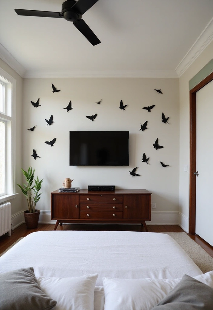 30 Bedroom Ideas with TV That Balance Relaxation & Design - 30. Harmonious Balance with Decals