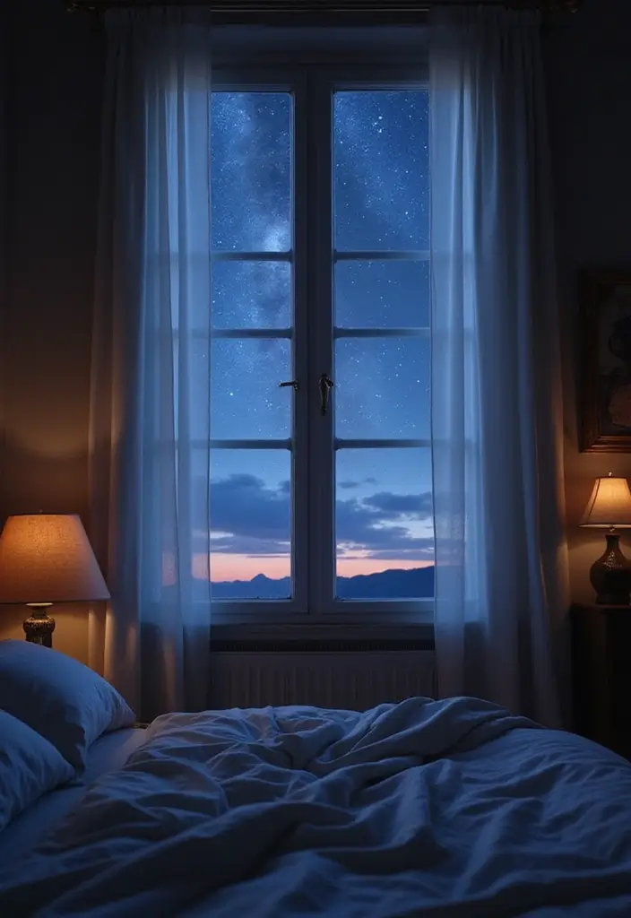 30 Bedroom Photoshoot Ideas Night That Feel Cozy & Romantic - 29. Captivating Night Sky