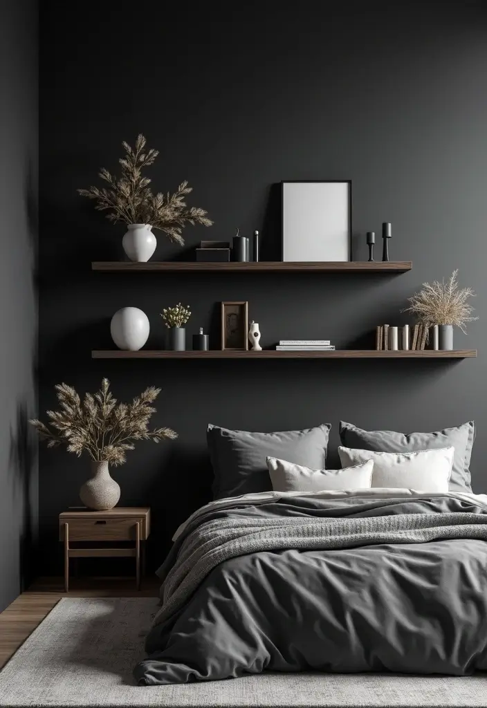 30 Black Aesthetic Bedroom Ideas That Are Sleek and Stylish - 12. Floating Shelves