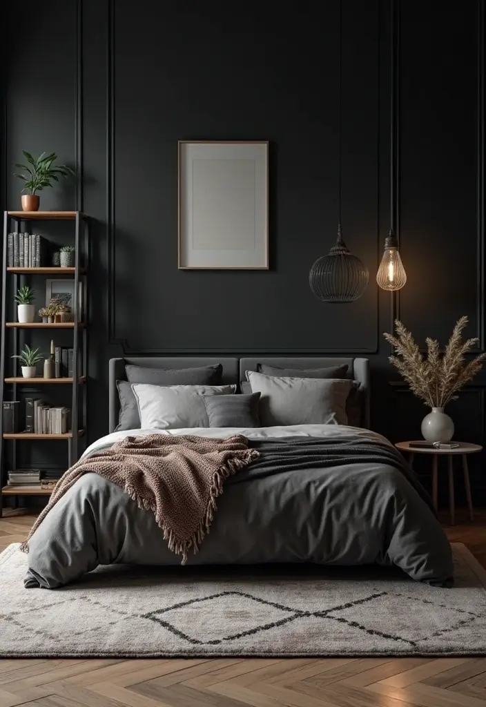 30 Black Aesthetic Bedroom Ideas That Are Sleek and Stylish - 28. Chic Area Rugs
