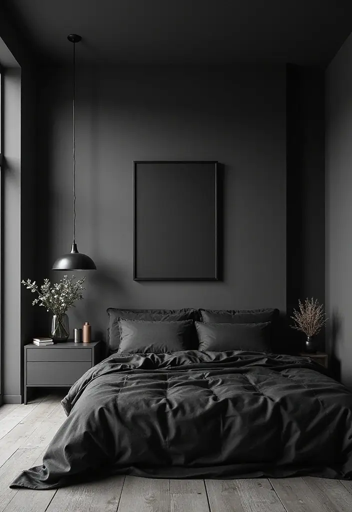 30 Black Aesthetic Bedroom Ideas That Are Sleek and Stylish - 6. Minimalist Artwork