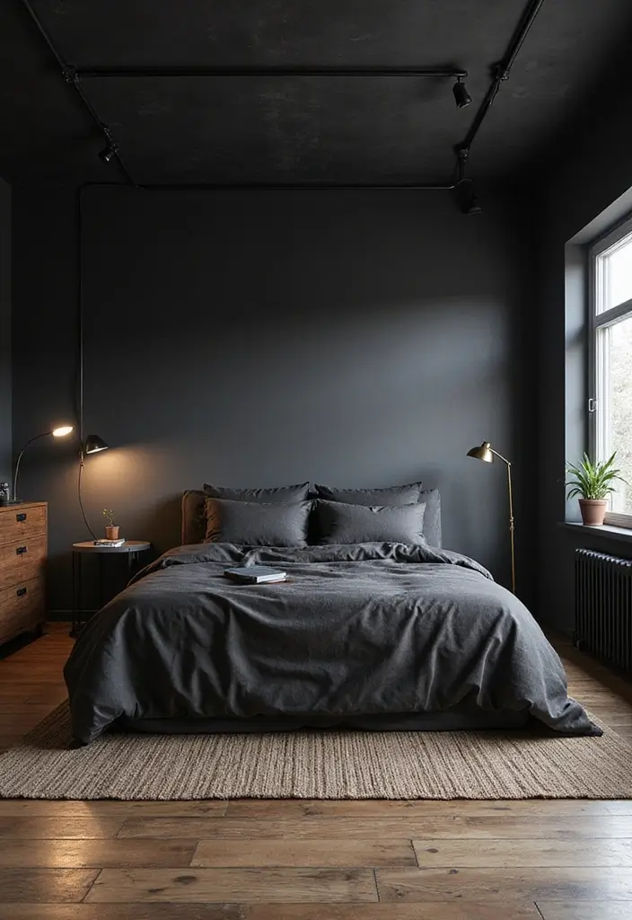 30 Black Aesthetic Bedroom Ideas That Are Sleek and Stylish - 7. Industrial Touches