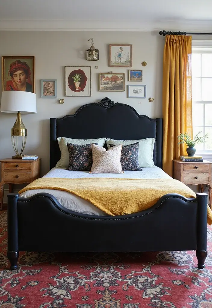 30 Black Bed Frame Bedroom Ideas That Look Strong & Stylish - 11. Eclectic Mix with a Black Headboard Bed Frame