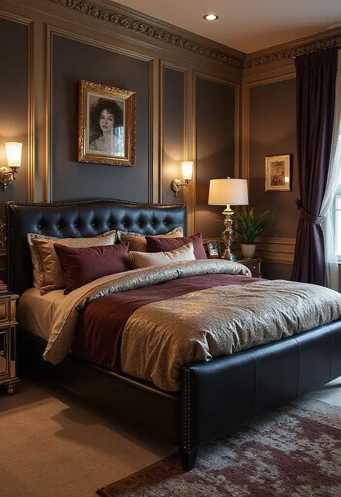 30 Black Bed Frame Bedroom Ideas That Look Strong & Stylish - 15. Luxurious Black Faux Leather Frame