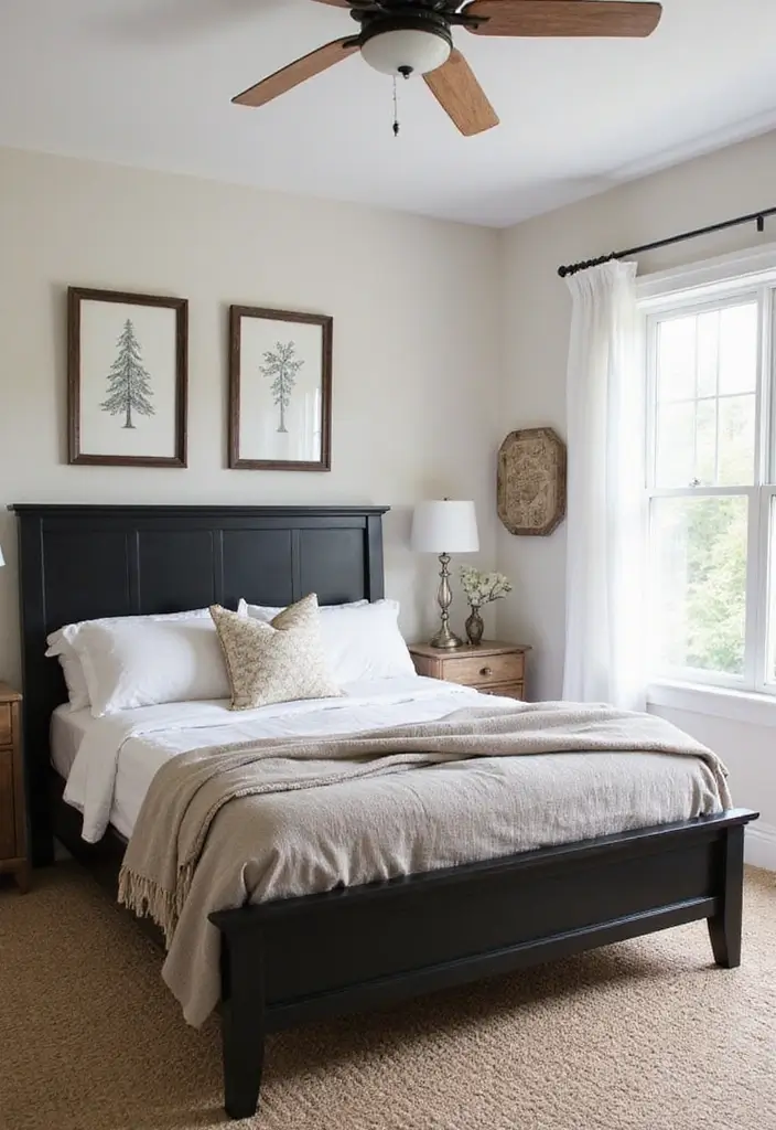30 Black Bed Frame Bedroom Ideas That Look Strong & Stylish - 21. Modern Farmhouse with a Black Frame
