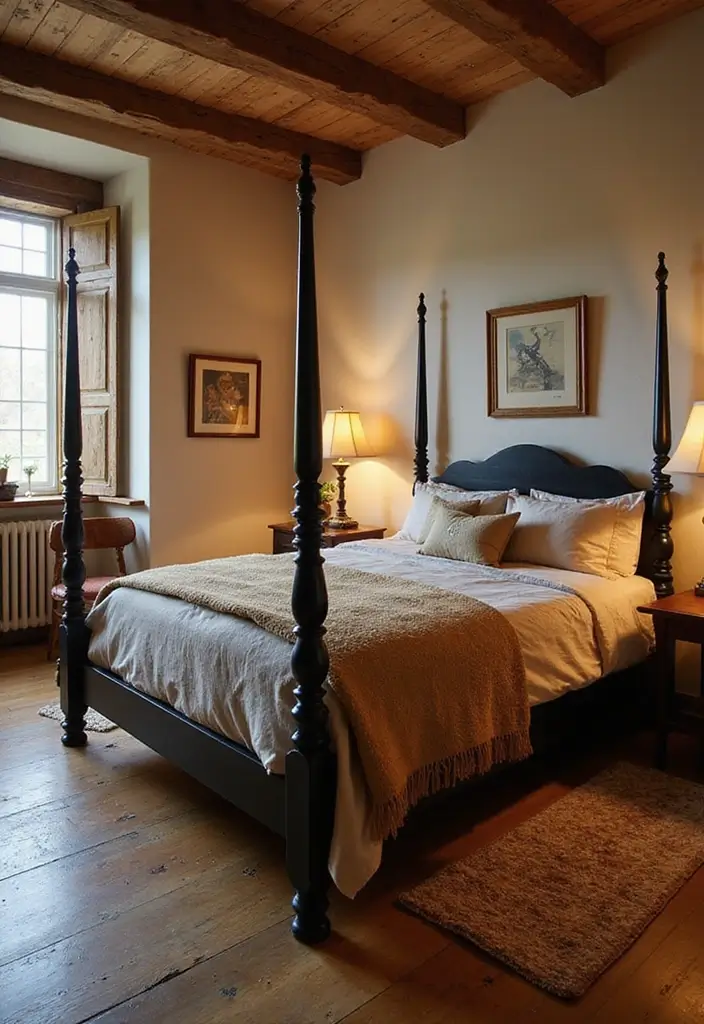 30 Black Bed Frame Bedroom Ideas That Look Strong & Stylish - 26. Cozy Cottage with a Black Frame