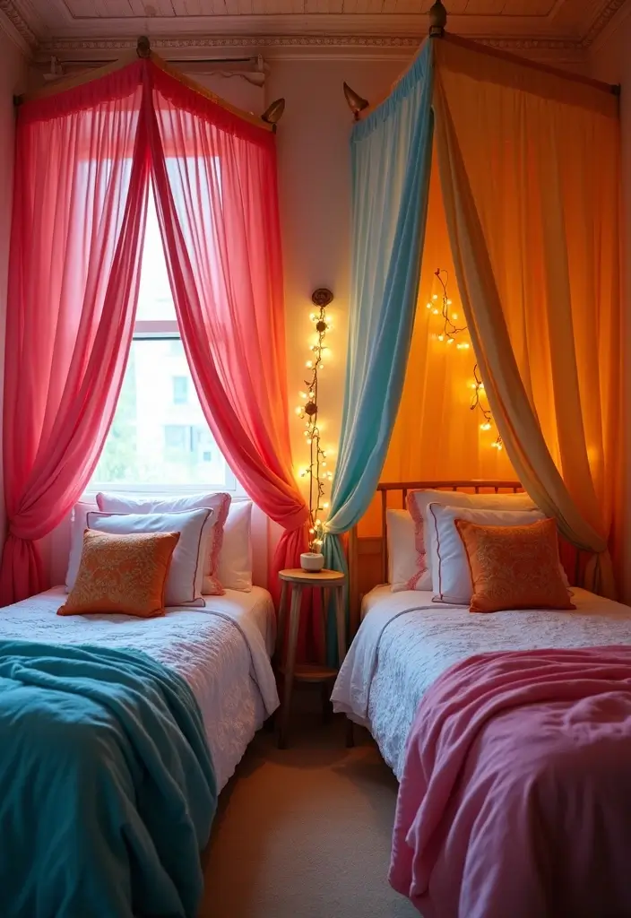 30 Bloxburg Twin Bedroom Ideas That Are Cute & Compact - 1. Colorful Canopy Beds
