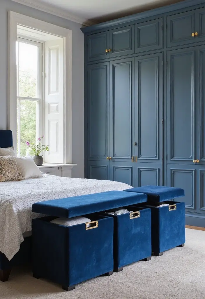 30 Blue Velvet Bedroom Ideas That Exude Luxury and Texture - 12. Blue Velvet Storage Solutions